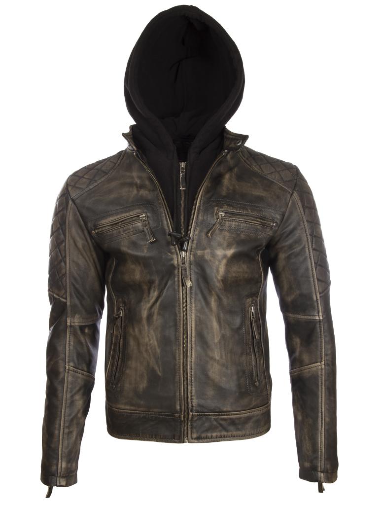 AVIATRIX Men's Real Leather Biker Jacket with Hood (2JB2) - Vegas Black