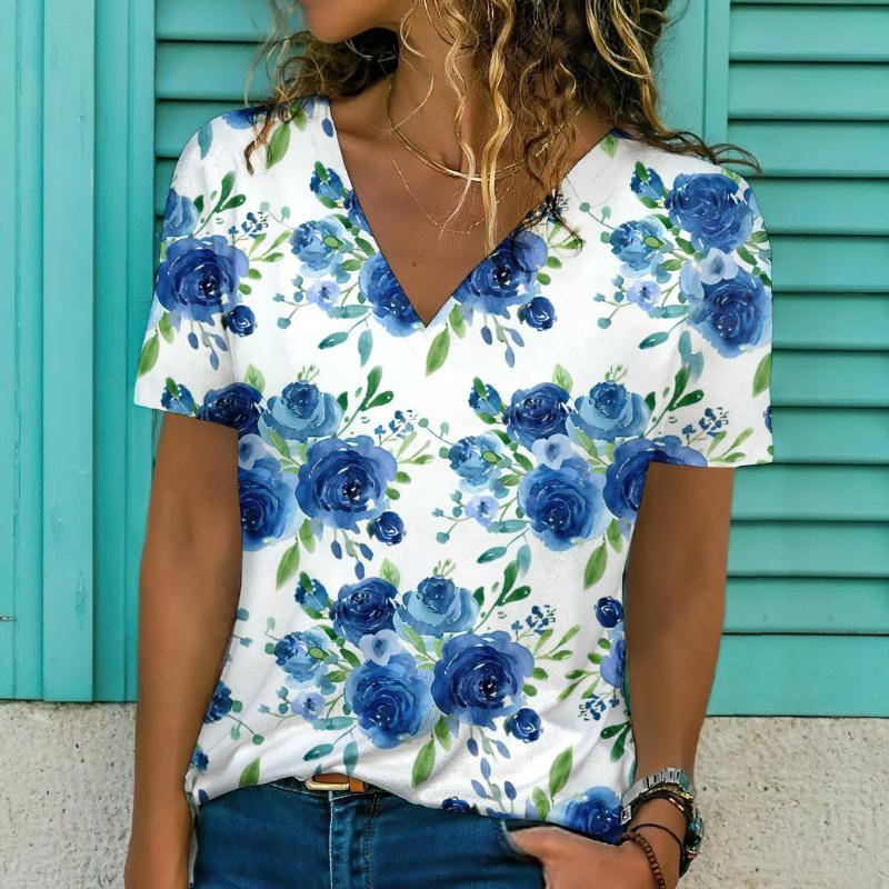 Новинка 2024 года, женская футболка с цветочным принтом, топ больших размеров, женская трендовая одежда, модная рубашка с коротким рукавом, большая блузка с v-образным вырезом