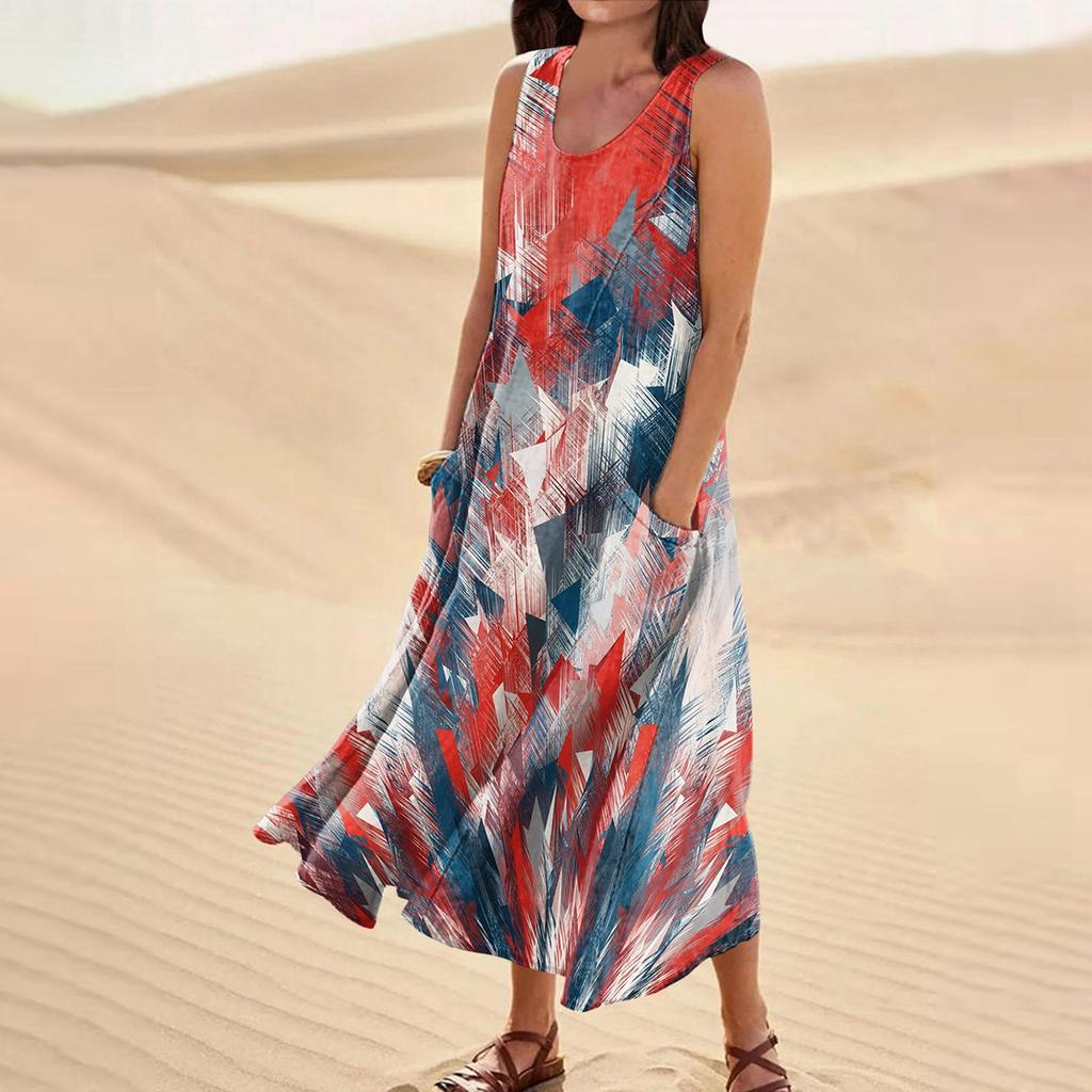 Женское летнее свободное свободное платье с круглым вырезом и цветочным принтом без рукавов, большое свободное платье с карманами