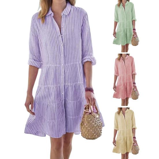 Женское полосатое платье-рубашка на пуговицах, повседневное, свободное, с длинным рукавом, многоярусное, расклешенное, туника, летнее, пляжное, сарафан