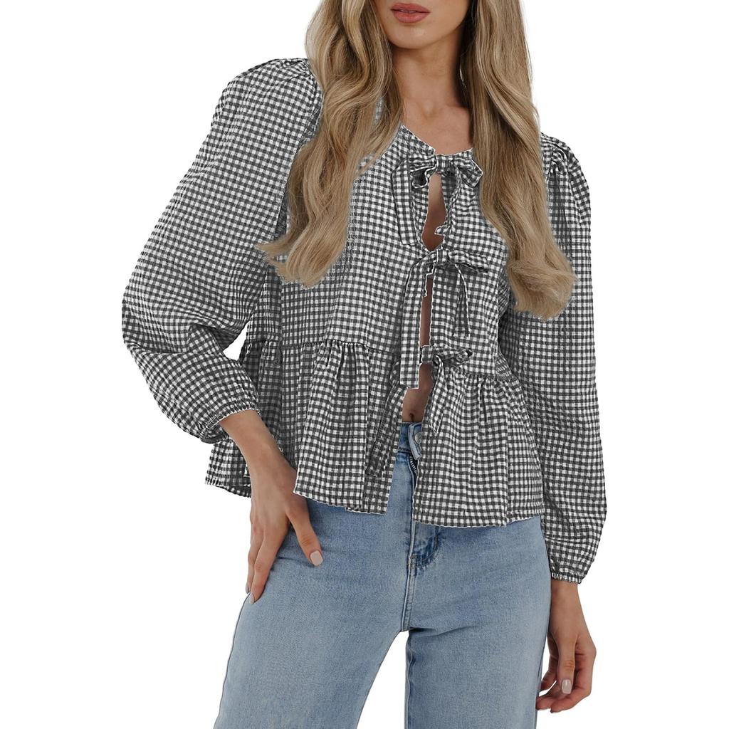 Женский топ с завязками спереди и баской Y2k Puff с короткими рукавами и бантом на шнуровке, блузки Babydoll с оборками по подолу