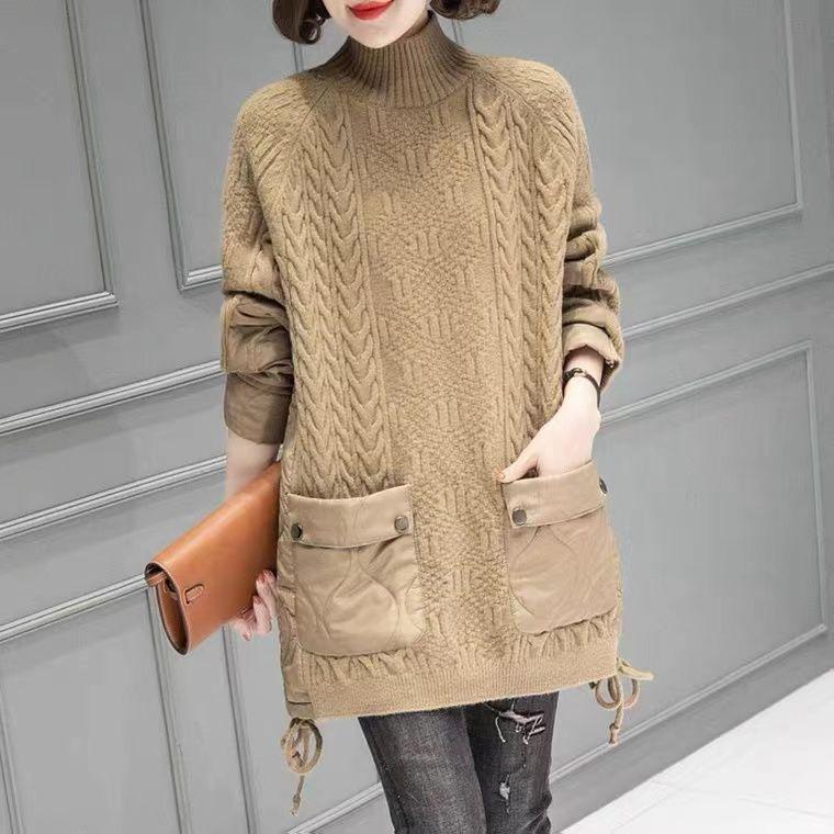 The Knitted False Two-piece Jumper Female Splicing Cotton Half-high Collar Jacket Large Size In The Long Yangqi Light Cotton Clothing
