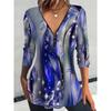 Elegant and Casual Spring and Autumn V-neck Zipper Floral Printed Long-sleeved Women's T-shirts