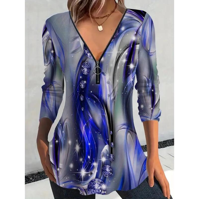 Elegant and Casual Spring and Autumn V-neck Zipper Floral Printed Long-sleeved Women's T-shirts