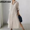 IHUASU Women's Casual Loose Turn-Down Collar Long Sleeve Shirt Dress