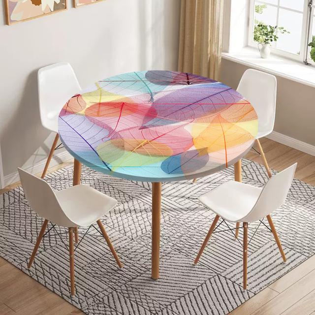 Skeleton Leaves Round Fitted Tablecloth Waterproof Dining Table Decoration Accessories Classic Pattern Table Cover Kitchen Decor