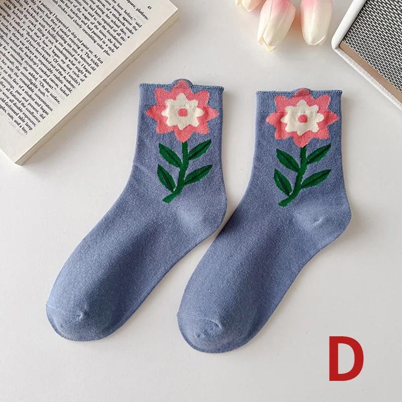 1 пара женских носков в японском корейском стиле с рисунком цветов ярких цветов Harajuku Kawaii носки средней длины дышащие повседневные короткие носки