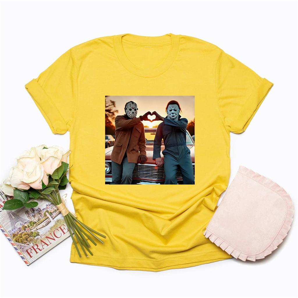 90s Horror Movie T Shirt Michael and Jason Heart Hands TShirts Unisex Graphic T Shirts Funny Halloween Tshirt Halloween Gifts