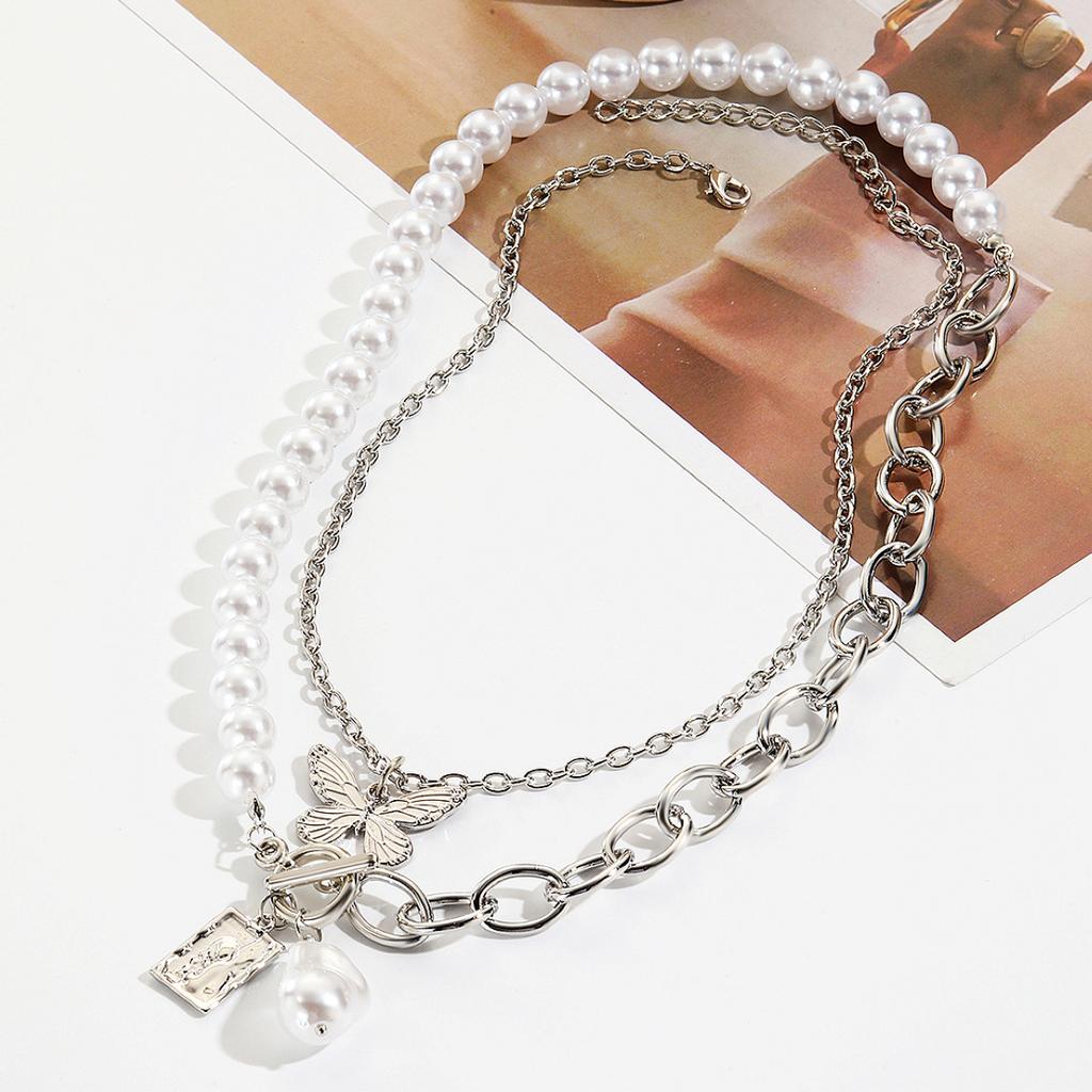 2pcs/set Korean Simulation Pearl Beads Chain Butterfly Pendant Necklace for Women Choker Jewelry Party Gift