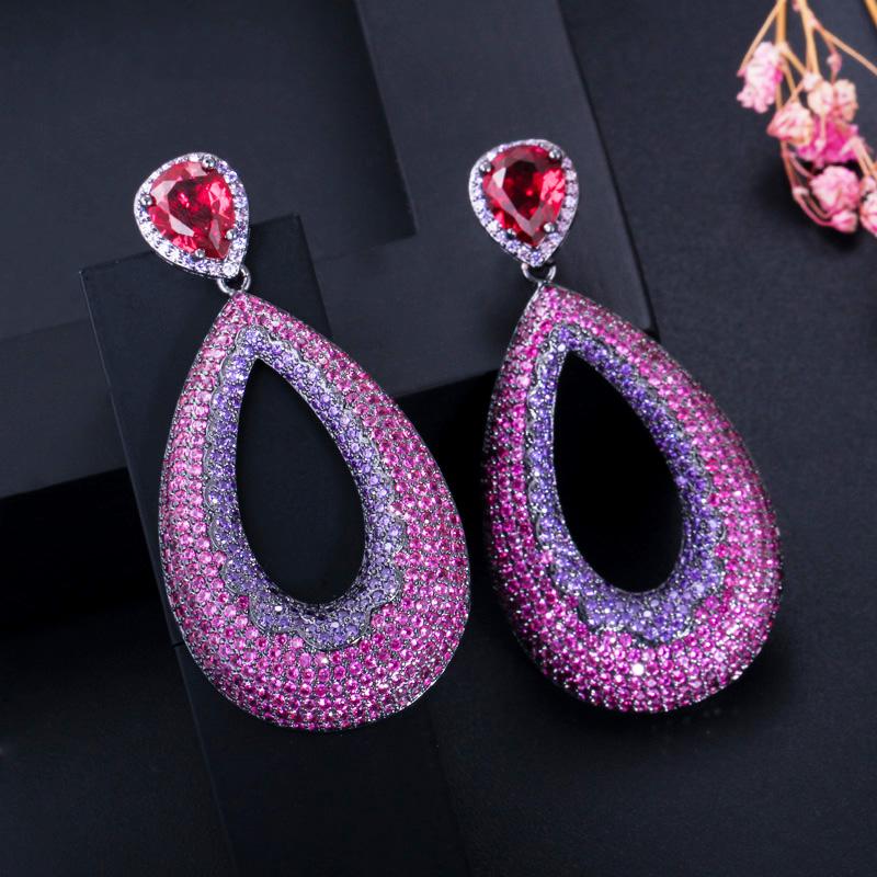 WWJ Top Quality Party Jewelry Full Pave Tiny Rose Red Purple Cubic Zirconia Big Tear Drop Earrings