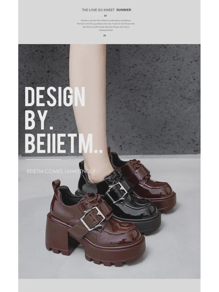 Женские весенние лоферы на толстой подошве 2025 года — кожаные туфли в британском стиле на высоком каблуке с внутренней отделкой