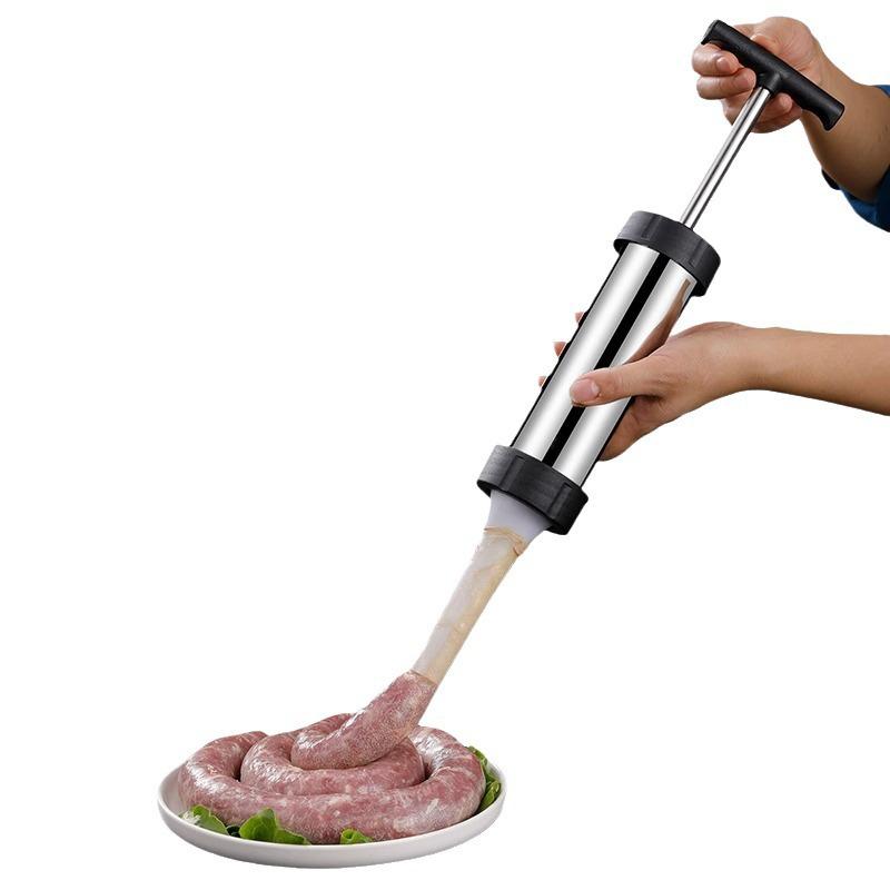 Manual Sausage Maker Meat Filler Stuffer Stainless Steel Syringe With Casing Kitchen Home Made Sausages Vertical