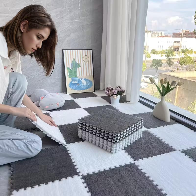 Мягкий плюшевый коврик-пазл из пены, ковровые плитки для гостиной, спальни, детской игровой зоны, нескользящий, с переплетением, напольный ковер, детский игровой коврик