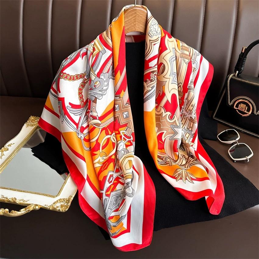 90CM Square Scarves Geometrical Print Twill Silk Foulards Femme Wraps Beach Shawls Bandana Lady Hijabs