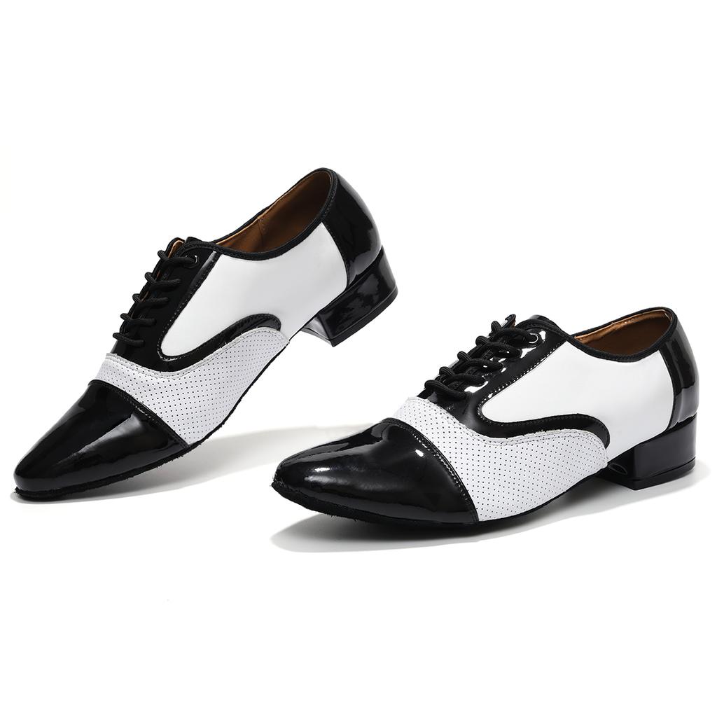 Черно-белые кожаные мужские туфли для современных танцев на мягкой подошве для мальчиков и взрослых, танго, сальса, латиноамериканские бальные танцы, каблук 2,5 см