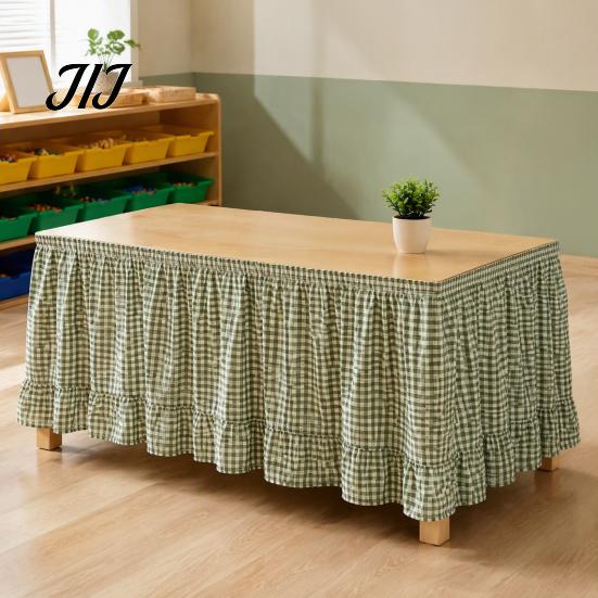 Conference Room Table Decoration 6Ft Gingham Skirt with Ruffled Edge, Checkered Teacher Desk Skirt, Pastoral Style Plaid Decor Hook And Loop Wrap for