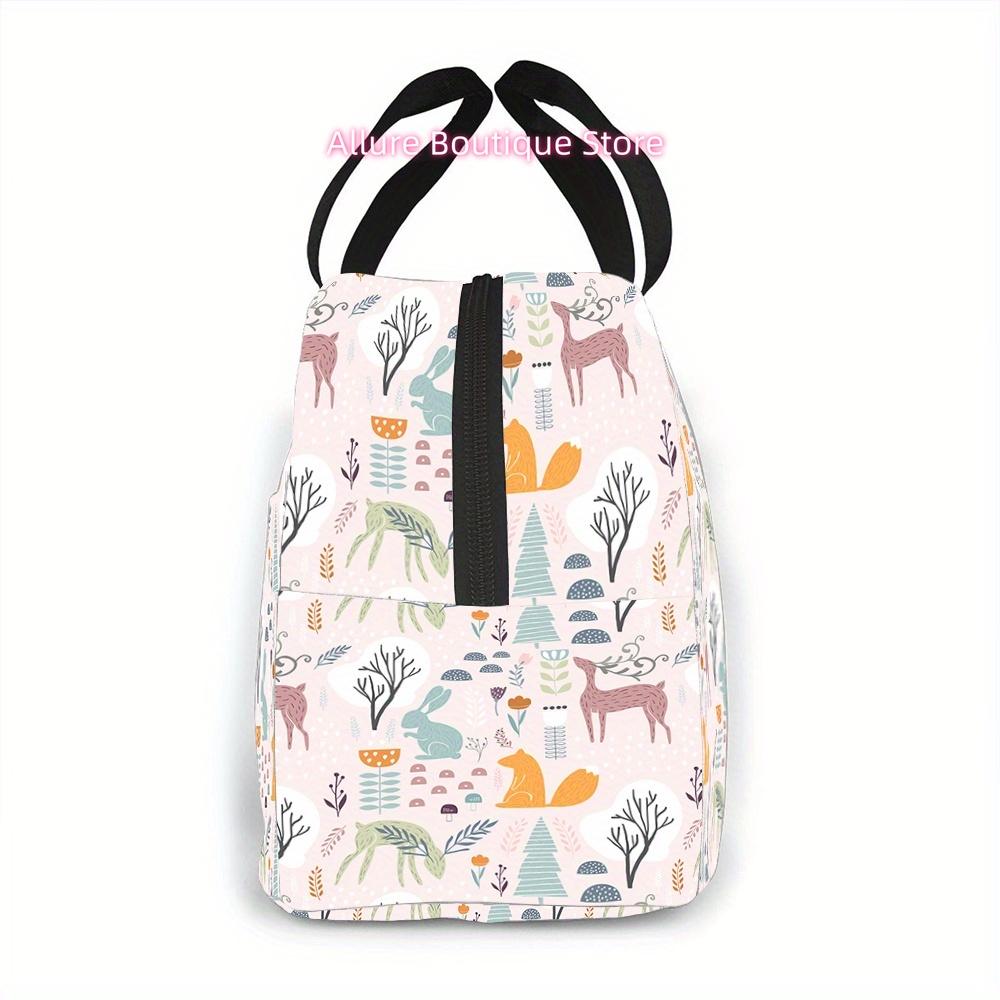 Insulated Lunch Tote - Made from Strong Oxford Material, Washable by Hand, Pink Featuring Rabbit, Squirrel, And Deer Patterns, I