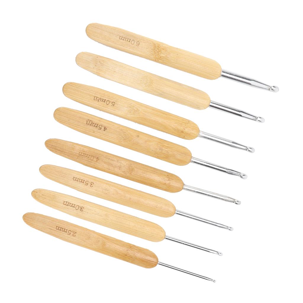 8Pcs Aluminum Crochet Hooks Round Head Knitting Needles with Bamboo Handles for Yarn Craft