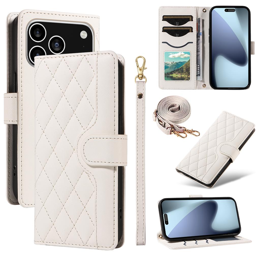 For iPhone 17 Pro Wallet Case Rhombus Leather Phone Cover with Strap