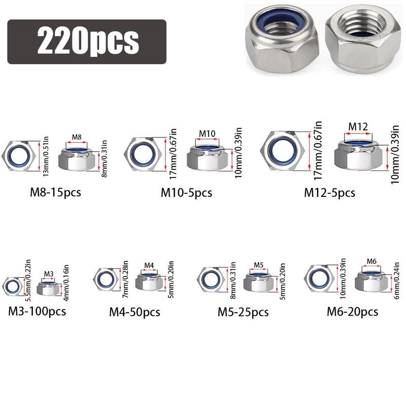 220 Pieces of Stainless Steel Nylon Embedded Anti-Slip and Anti-Loosening Self-Locking Nuts, M3 M4 M5 M6 M8 M10 M12