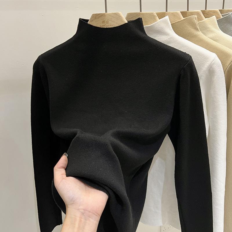 Осенне-зимняя женская нижняя рубашка, однотонный свитер, тонкая блузка с длинными рукавами, трикотаж с полувысоким воротником