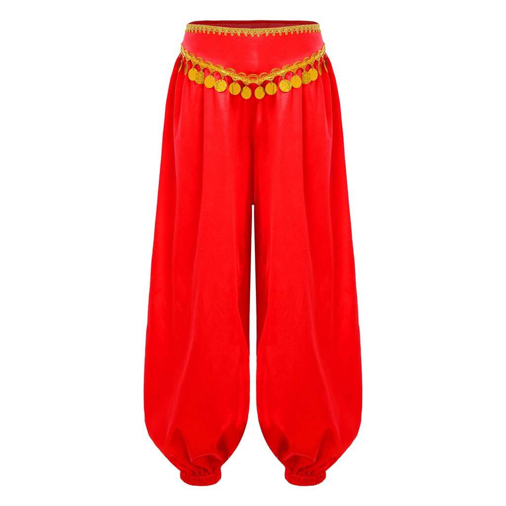 Girls Sequin Tassels Bloomers Pants Braid Trim Loose Fit Side Zipper Belly Dance Costume