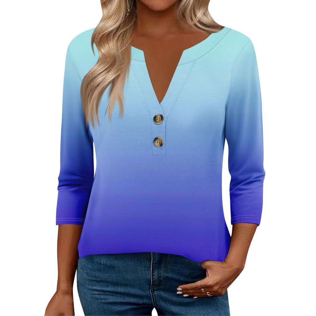 Женские топы с рукавом 3/4 для женщин, топы хенли на пуговицах с V-образным вырезом, нарядные летние женские топы свободного кроя