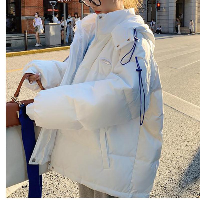 Winter  Loose Student Thicken Jacket with Hooded Fashionable Bat Sleeved White Parka Women
