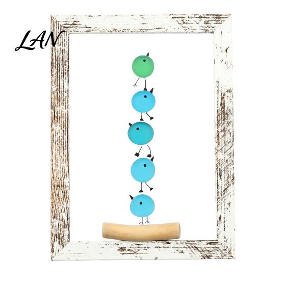Nautical Wall Hanging Handmade Sea Glass Art Framed Artwork, Driftwood Bird Small Frame for Home Entryway Decor, Gift Friends Artisanal Decorative
