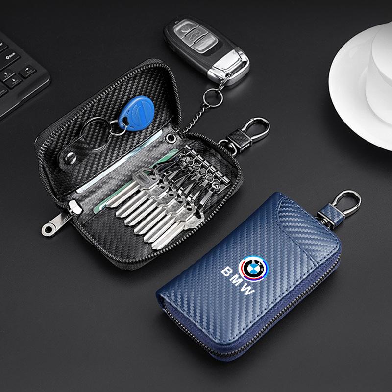 BBJV7 Carbon Fiber Leather Wallet Car Remote Key Storage Zippers Bag For Bmw 50th Anniversary M E36 F20 E46 E90 E87 E34 X3 X5 X6 M2 M3