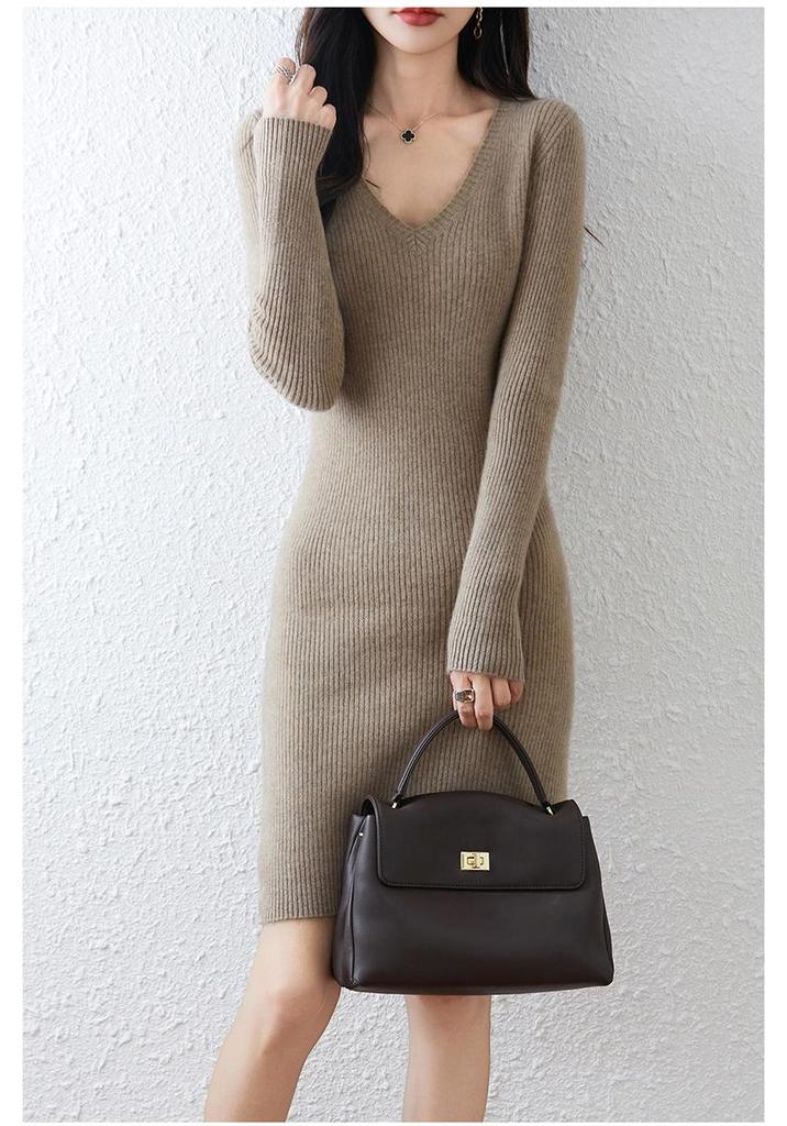 Women's Mid-Length V-Neck Pure Wool Ribbed Dress - Autumn/Winter Slim-Fit, Waist-Cinched, Versatile Knitted Base Layer.