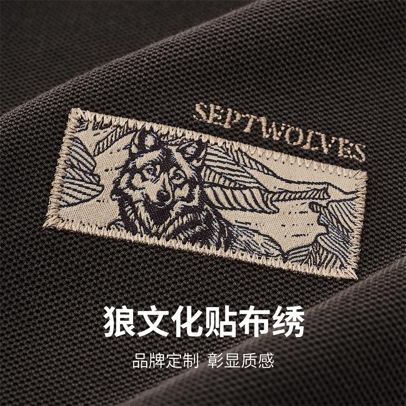 Classic Collar Design: Seven Wolves Men's Modal Double sided Wolf Culture Embroidered Long Sleeve Polo