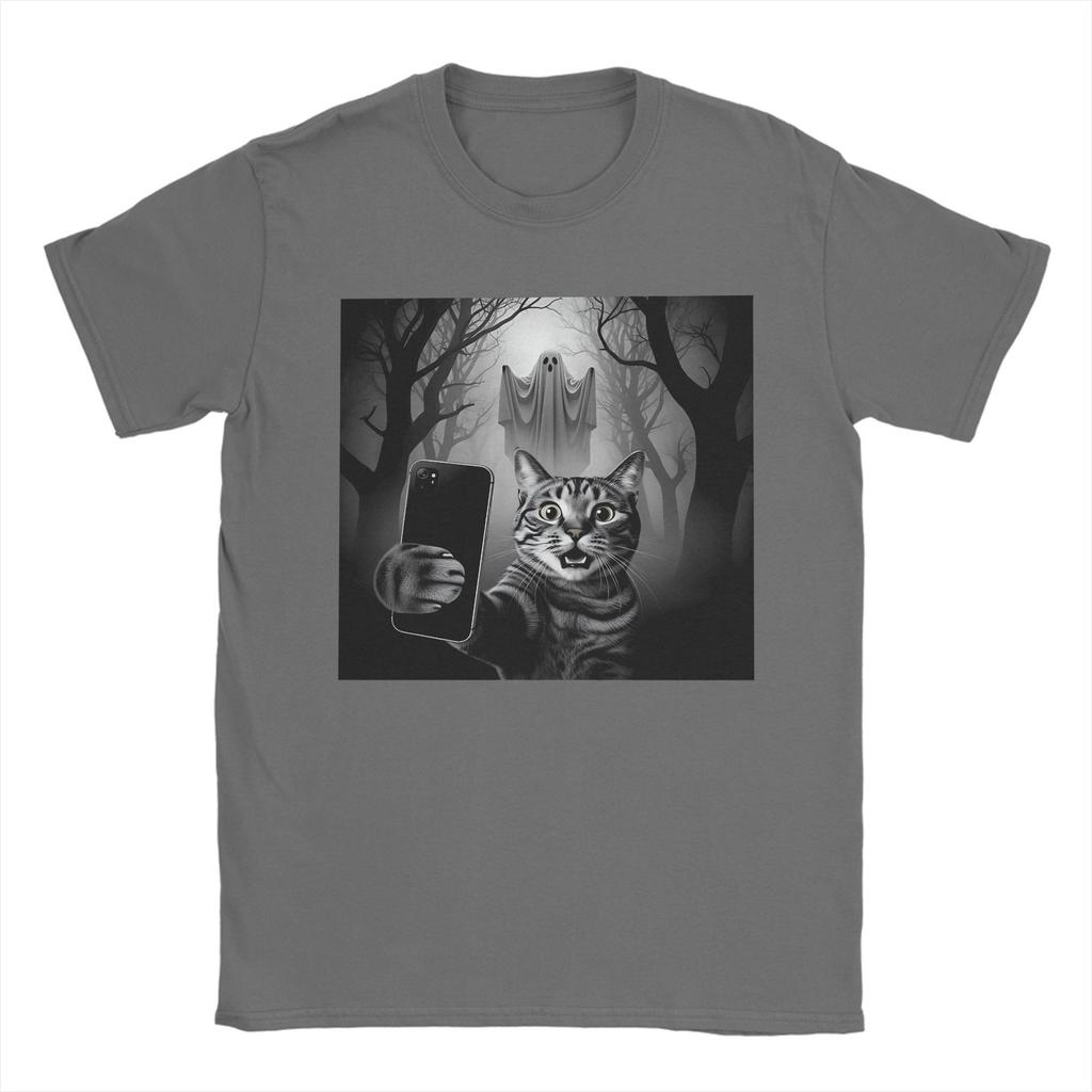 Halloween Cat Selfie with Spooky Ghost Cat Men's T Shirts Novelty Tees Short Sleeve Round Neck T-Shirts Pure Cotton 6XL Tops