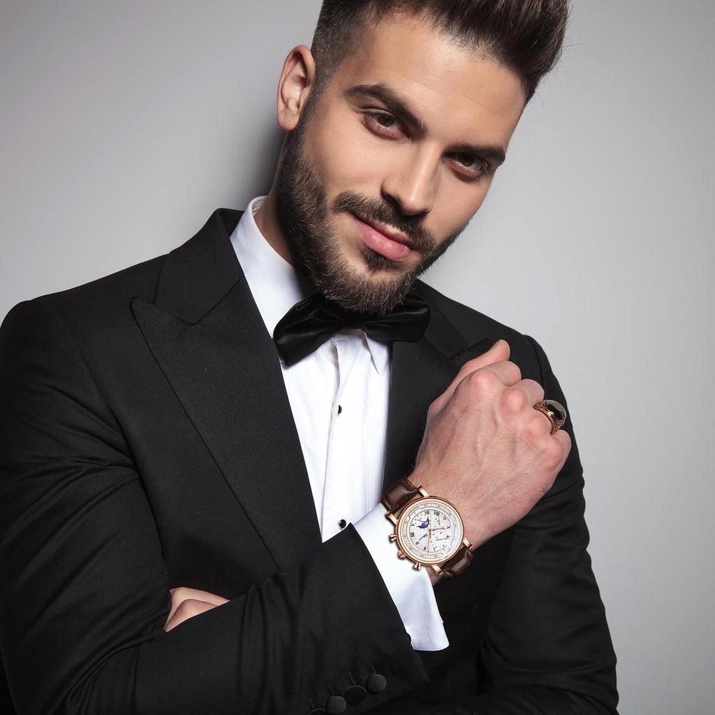 Genuine Leather Strap Waterproof Roman Alphabet Analog Luminous Stopwatch Calendar Small Seconds Quartz Watch Daily Life Commuting Day Birthday