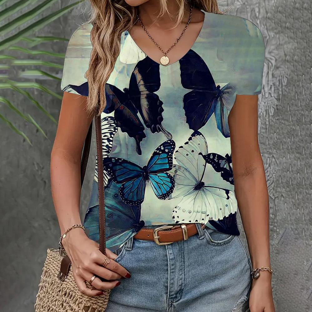 Summer V-neck 3D Butterfly Printed Top Fashionable Casual Short Sleeved Women's T-shirt