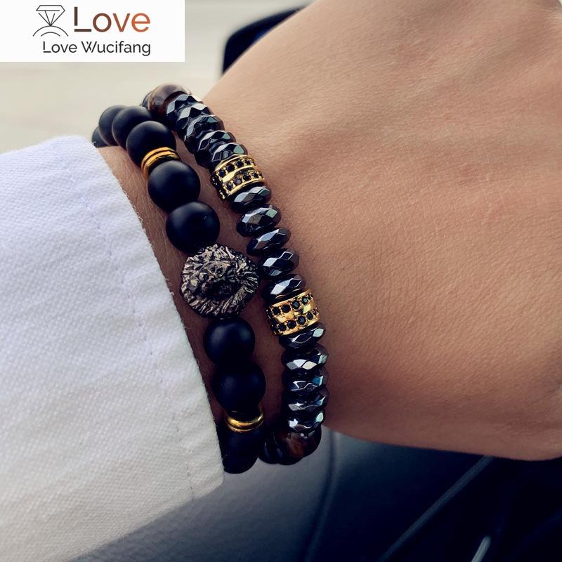 Классический мужской браслет из 2 шт./комплект с львиной трубкой и фианитами, роскошный матовый браслет с бусинами и тигровым глазом для мужчин, ювелирный подарок