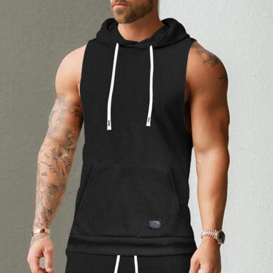Мужские повседневные топы, спортивный стиль, жаккардовый вязаный жилет с капюшоном и передним карманом, однотонная футболка без рукавов, одежда для фитнеса