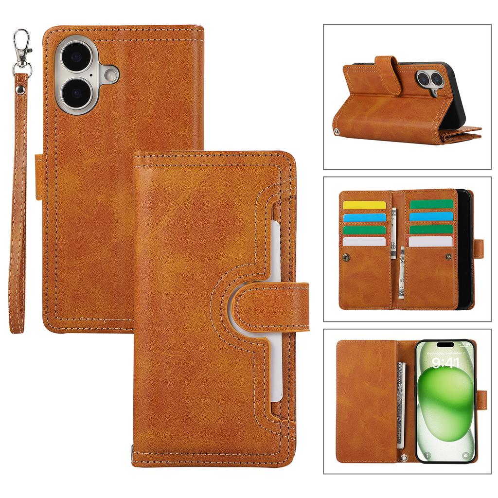 Для iPhone 16 Чехол Магнитный Кошелек из Спилковой Кожи Защитник Телефона с Ремешком на Запястье