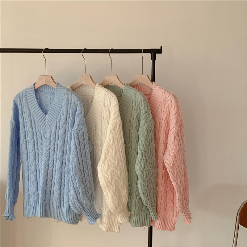 Chic Korean Fashion Oversized Sweaters Pullovers Elegant Vintage V Neck Women Winter Spring