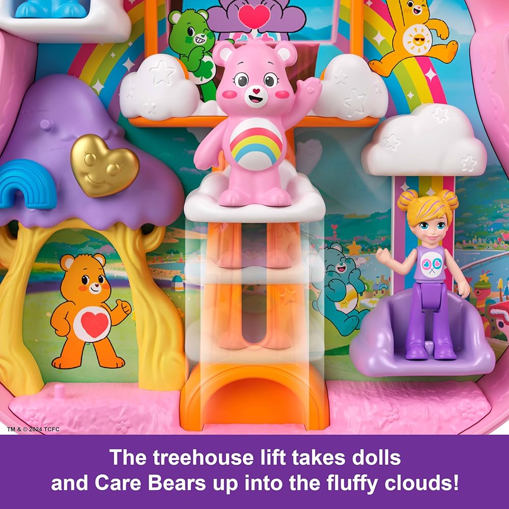 Polly Pocket Кукла и игровой набор Медведицы Care Bears с игрушечной машинкой и тематическими аксессуарами Компактная игрушка для путешествий