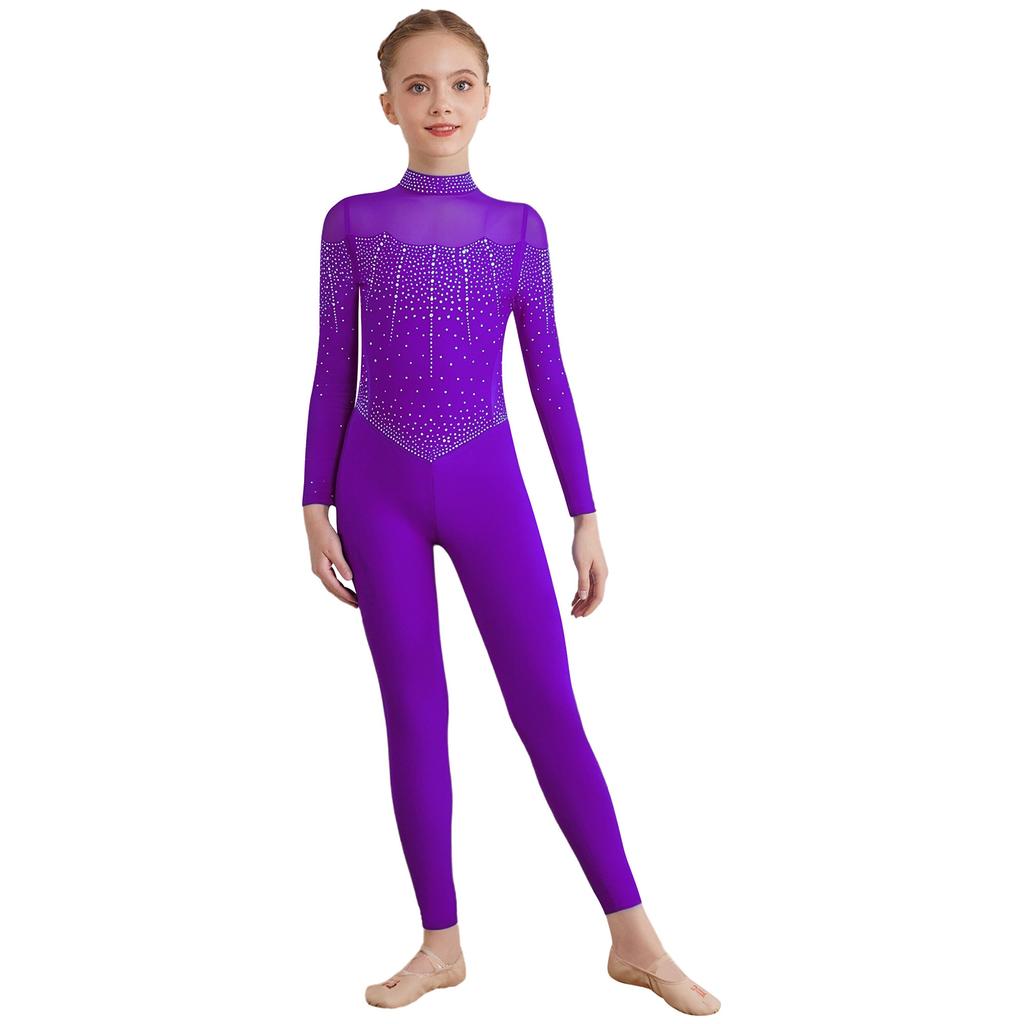 Боди для фигурного катания для девочек, блестящие стразы, комбинезон на все тело, воротник-стойка, длинный рукав, с прозрачной сетчатой вставкой