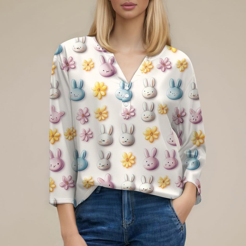 Жен. Футболка Футболка С принтом Пуговицы Рукав 3/4 Повседневные Выходные Мода Классический V-образный вырез Обычный Топ