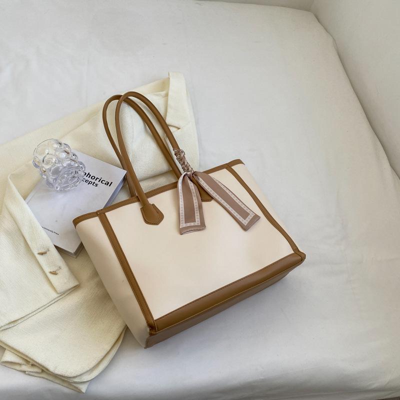 Contrasting Color Large-capacity Bag Women's 2025 New Summer Fashion Texture Commuter Bag Versatile Shoulder Bag Shopping Bag