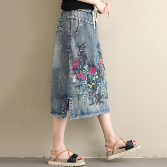 Женская юбка миди с эластичным шнурком на талии, вышитым цветочным узором, джинсовая юбка с карманами, боковые разрезы по низу юбки