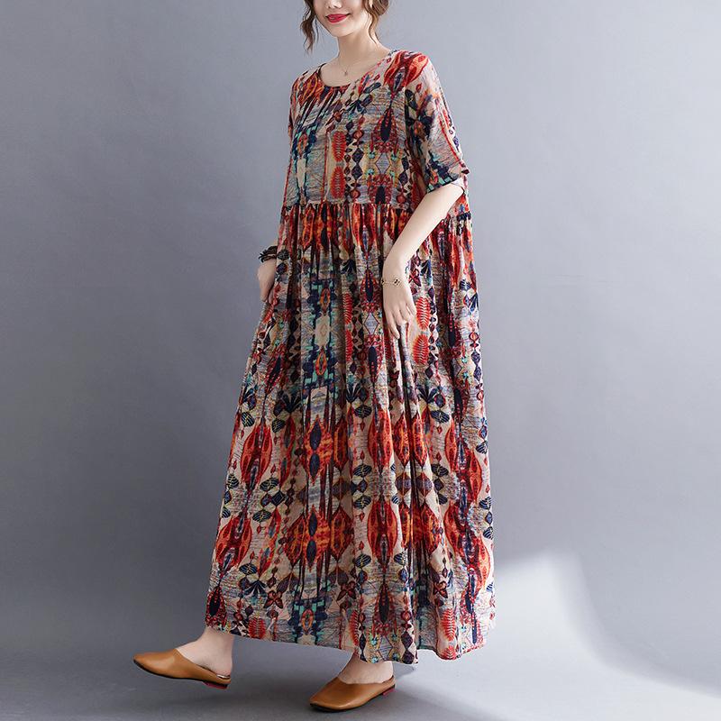 Летнее литературное платье свободного покроя из хлопка и льна с принтом и короткими рукавами для женщин