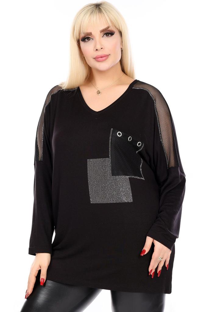 Женская блузка большого размера с v-образным вырезом, карманами и рукавами, сетчатая деталь, каменная вышивка, длинный рукав, удобная и струящаяся гибкая блузка