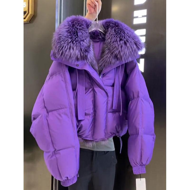 Winter Warm Purple Coat for Women Thick Faux Fur Collar Jacket Cold Weather