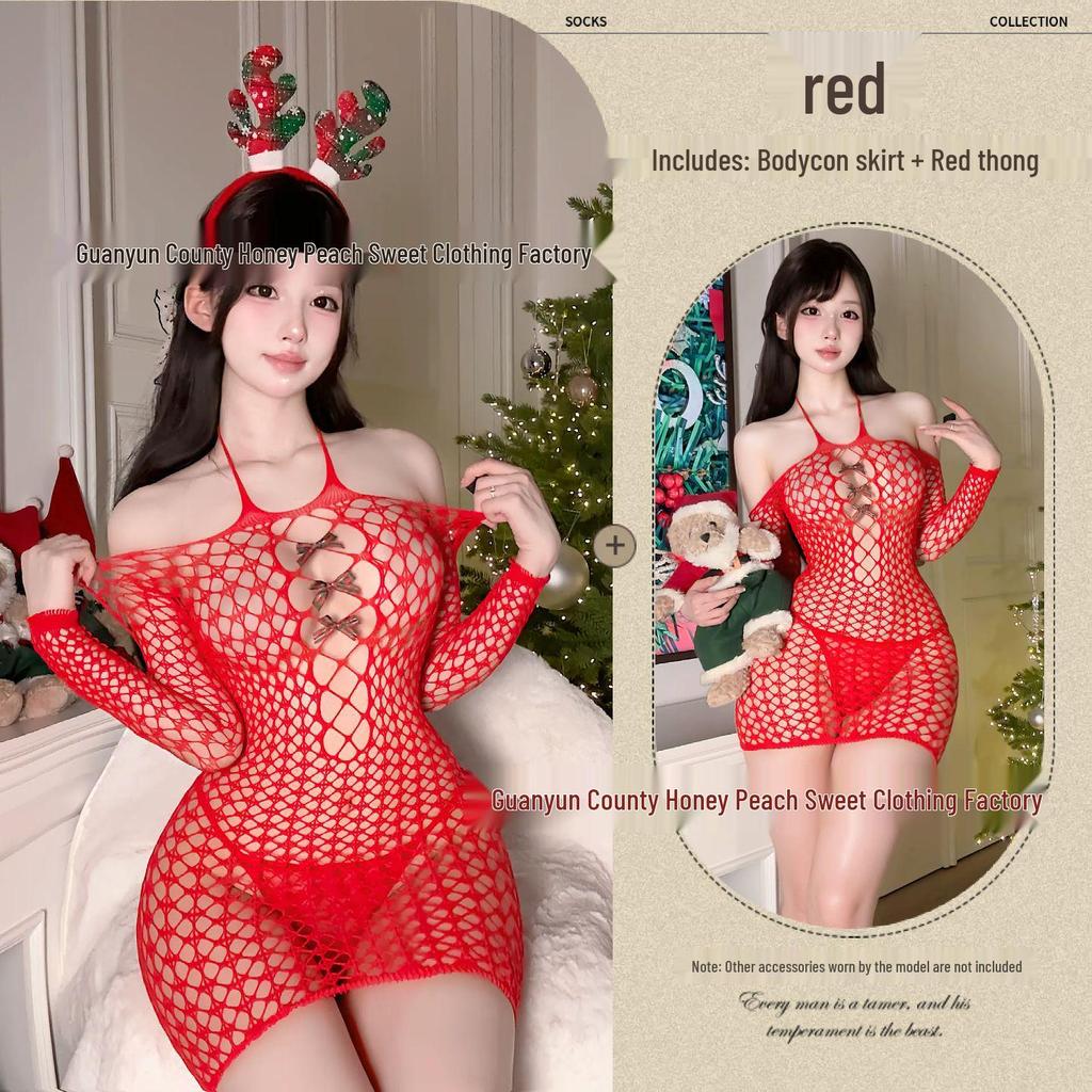 Sexy Christmas Lingerie: Long Sleeve Halter Neck Mesh Dress with Reindeer Antlers for Role Play