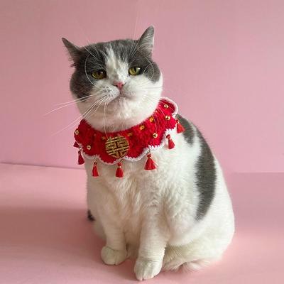Кошачий шейный платок Регулируемый кошачий шарф ручной вязки на шнуровке Декоративный кошачий вязаный воротник Новогодний ошейник для питомца Фотографироваться