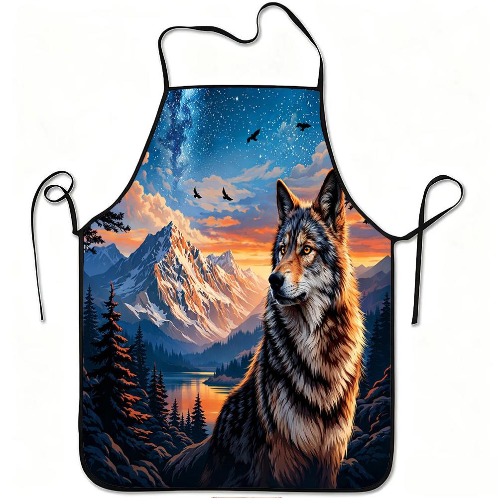 1pc Wolf Mountain Sunset Art Print Apron, Durable And Easy to Clean, Adjustable Waistband, Polyester Material, for Kitchen Cooking, Gardening, Orchard